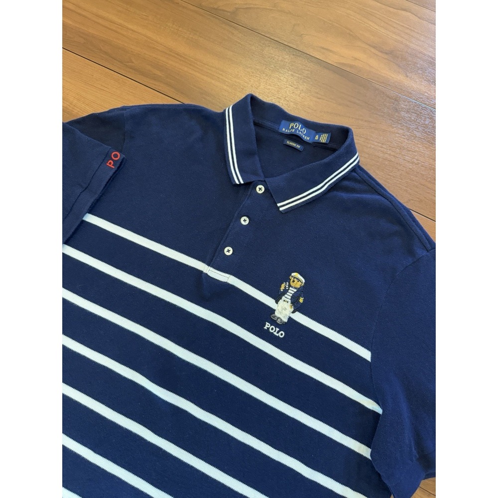 Polo Ralph Lauren Sailor Bear Shirt Dark Blue Striped Classic Fit Pique Men's XL